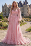 Pink Flower A-Line Sheer Corset Appliqued Long Prom Dress with Long Sleeves
