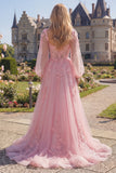 Pink Flower A-Line Sheer Corset Appliqued Long Prom Dress with Long Sleeves