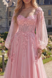 Pink Flower A-Line Sheer Corset Appliqued Long Prom Dress with Long Sleeves