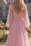 Pink Flower A-Line Sheer Corset Appliqued Long Prom Dress with Long Sleeves
