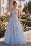 Tulle Blue Sweetheart A-Line Floral Corset Long Prom Dress with 3D Flowers
