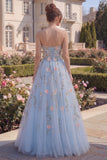 Tulle Blue Sweetheart A-Line Floral Corset Long Prom Dress with 3D Flowers