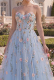Tulle Blue Sweetheart A-Line Floral Corset Long Prom Dress with 3D Flowers