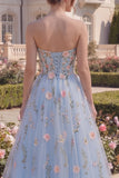 Tulle Blue Sweetheart A-Line Floral Corset Long Prom Dress with 3D Flowers
