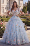 Tulle Blue A-Line Floral V-Neck Ruffled Long Prom Dress with Flutter Sleeves