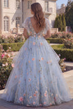 Tulle Blue A-Line Floral V-Neck Ruffled Long Prom Dress with Flutter Sleeves