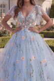 Tulle Blue A-Line Floral V-Neck Ruffled Long Prom Dress with Flutter Sleeves