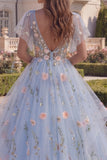 Tulle Blue A-Line Floral V-Neck Ruffled Long Prom Dress with Flutter Sleeves