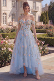 Blue Tulle A-Line Off the Shoulder Floral Corset Appliqued Long Prom Dress with 3D Flowers