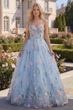 A-Line Blue Tulle Floral Corset Appliqued Long Prom Dress with 3D Flowers