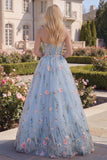 A-Line Blue Tulle Floral Corset Appliqued Long Prom Dress with 3D Flowers