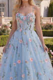 A-Line Blue Tulle Floral Corset Appliqued Long Prom Dress with 3D Flowers