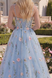 A-Line Blue Tulle Floral Corset Appliqued Long Prom Dress with 3D Flowers