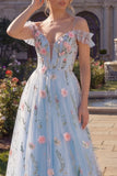 Tulle A-Line Blue Cold Shoulder Floral Corset Appliqued Long Prom Dress with 3D Flowers
