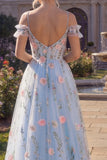 Tulle A-Line Blue Cold Shoulder Floral Corset Appliqued Long Prom Dress with 3D Flowers