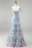 Tulle Blue Off the Shoulder Trumpet Floral Corset Appliqued Long Prom Dress with 3D Flowers