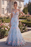 Tulle Blue Off the Shoulder Trumpet Floral Corset Appliqued Long Prom Dress with 3D Flowers