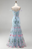 Tulle Blue Off the Shoulder Trumpet Floral Corset Appliqued Long Prom Dress with 3D Flowers