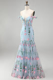 Tulle Blue Off the Shoulder Trumpet Floral Corset Appliqued Long Prom Dress with 3D Flowers