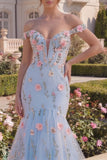 Tulle Blue Off the Shoulder Trumpet Floral Corset Appliqued Long Prom Dress with 3D Flowers