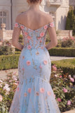 Tulle Blue Off the Shoulder Trumpet Floral Corset Appliqued Long Prom Dress with 3D Flowers