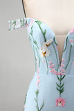 Tulle Blue Off the Shoulder Trumpet Floral Corset Appliqued Long Prom Dress with 3D Flowers