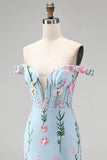 Tulle Blue Off the Shoulder Trumpet Floral Corset Appliqued Long Prom Dress with 3D Flowers