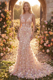 Champagne Tulle Mermaid V-Neck Floral Appliqued Long Prom Dress