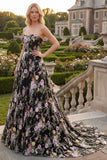 Black Pink Flower A-Line Strapless Floral Embroidered Sweep Train Prom Dress