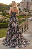 Black Pink Flower A-Line Strapless Floral Embroidered Sweep Train Prom Dress