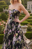 Black Pink Flower A-Line Strapless Floral Embroidered Sweep Train Prom Dress