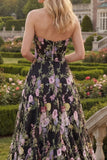 Black Pink Flower Tulle Strapless A-Line Floral Embroidered Long Prom Dress