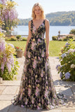 Tulle Black Pink Flower A-Line Floral V-Neck Embroidered Sweep Train Prom Dress