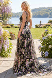 Black Pink Flower Tulle A-Line V-Neck Floral Embroidered Long Prom Dress