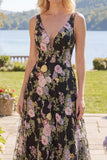 Black Pink Flower Tulle A-Line V-Neck Floral Embroidered Long Prom Dress
