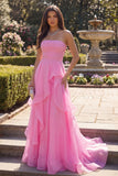Hot Pink Tulle Sheath Strapless  Long Prom Dress with Ruffles