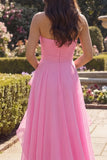 Hot Pink Tulle Sheath Strapless  Long Prom Dress with Ruffles