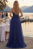 Tulle Navy A-Line Strapless Ruffled Ruched Long Prom Dress with Slit