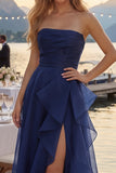 Tulle Navy A-Line Strapless Ruffled Ruched Long Prom Dress with Slit