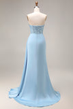 Satin Blue Mermaid Ruched Beaded Strapless Long Prom Dress with Slit