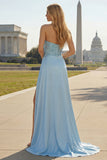 Satin Blue Mermaid Ruched Beaded Strapless Long Prom Dress with Slit