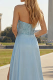 Satin Blue Mermaid Ruched Beaded Strapless Long Prom Dress with Slit