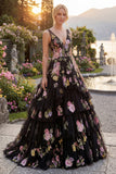 Black Pink Flower Tulle A-Line Floral V-Neck Tiered Embroidered Long Prom Dress
