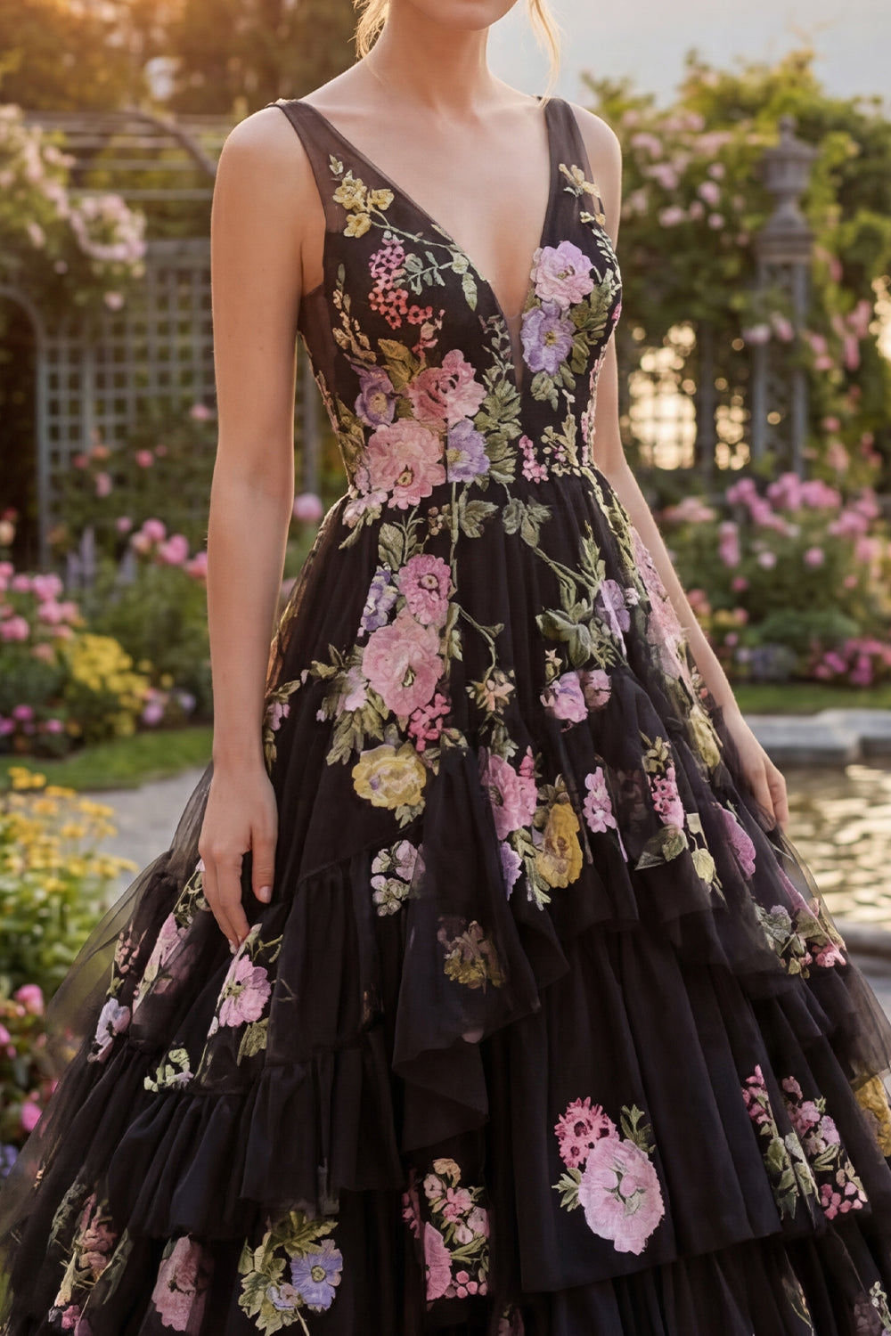 ZAPAKA Women Black Pink Flower A-Line Prom Dress Tulle V-Neck Floral