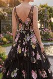 Black Pink Flower Tulle A-Line Floral V-Neck Tiered Embroidered Long Prom Dress