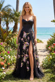 Black Pink Flower Tulle Sheath Floral Embroidered Long Prom Dress with Slit