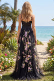 Black Pink Flower Tulle Sheath Floral Embroidered Long Prom Dress with Slit