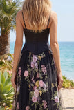 Black Pink Flower Tulle Sheath Floral Embroidered Long Prom Dress with Slit