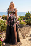 Tulle Black Pink Flower Sweetheart A-Line Embroidered Long Prom Dress with Slit