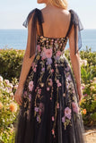 Tulle Black Pink Flower Sweetheart A-Line Embroidered Long Prom Dress with Slit